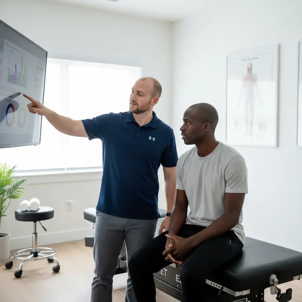 Clinician reviewing training-load/gait data on screen with the runner — BACK IN BALANCE Clinic, downtown Toronto