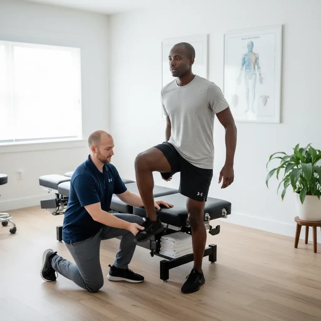 Runner doing a single-leg strength/calf test, clinician assessing — BACK IN BALANCE Clinic, downtown Toronto