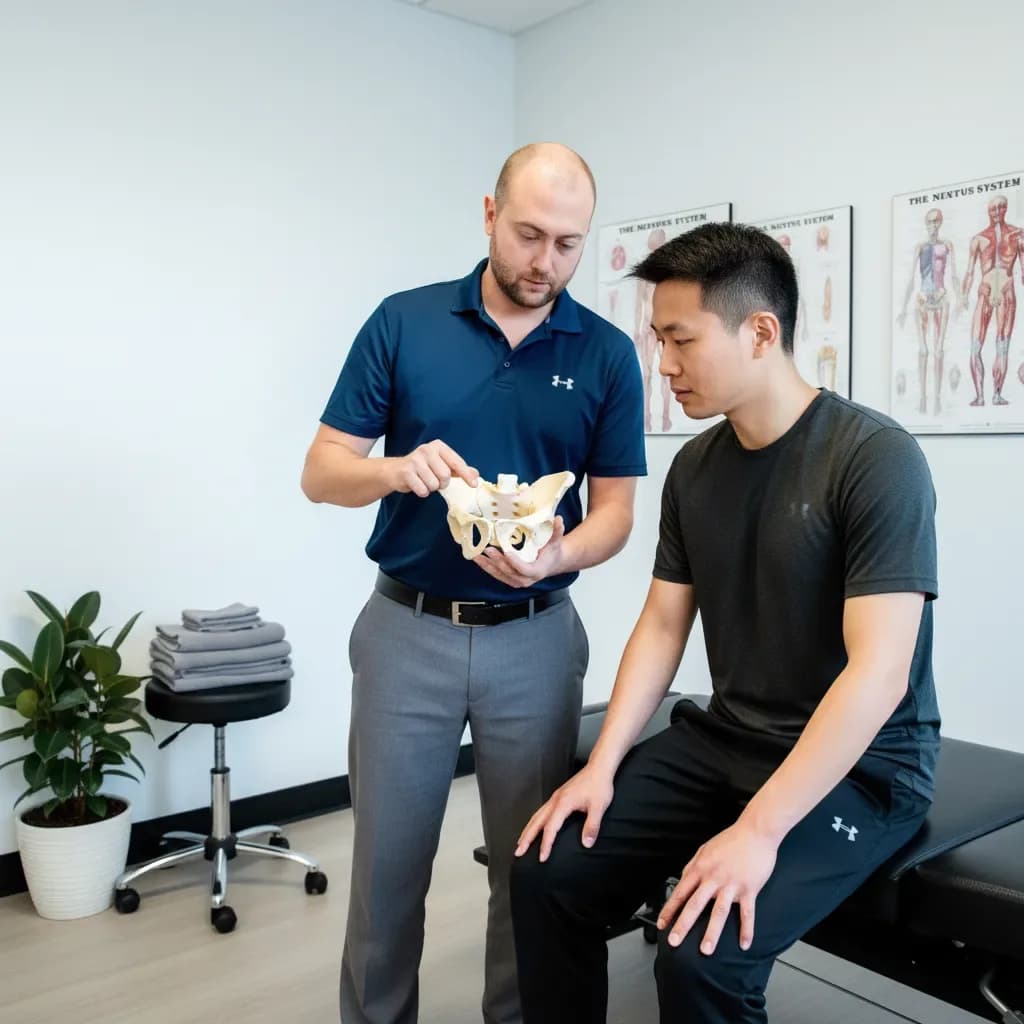 Clinician explaining pelvic/SI mechanics on a pelvis model; clinical, male patient — BACK IN BALANCE Clinic, downtown Toronto