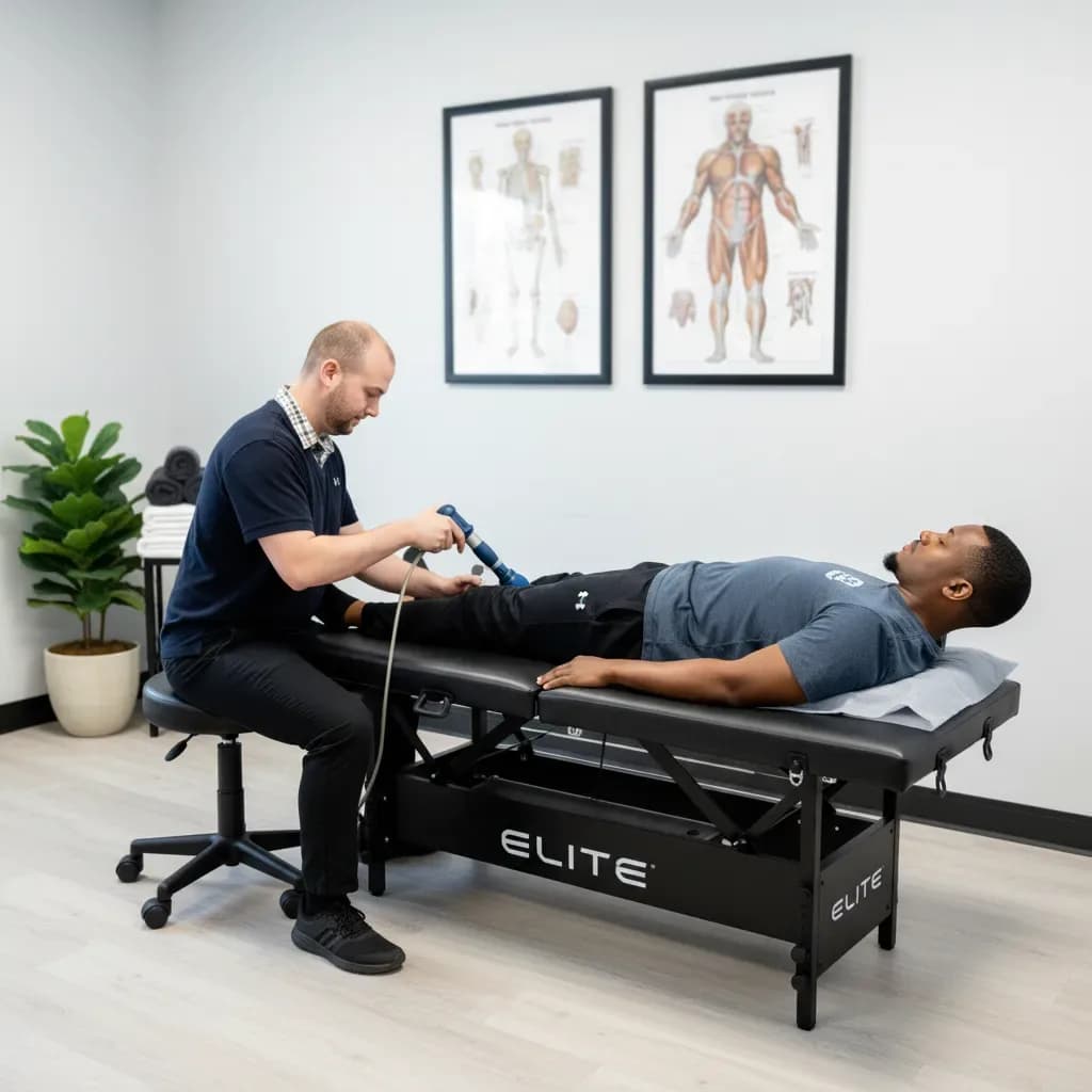 Wider shot of a shockwave session, clinician operating the blue console, patient on the table — BACK IN BALANCE Clinic, downtown Toronto