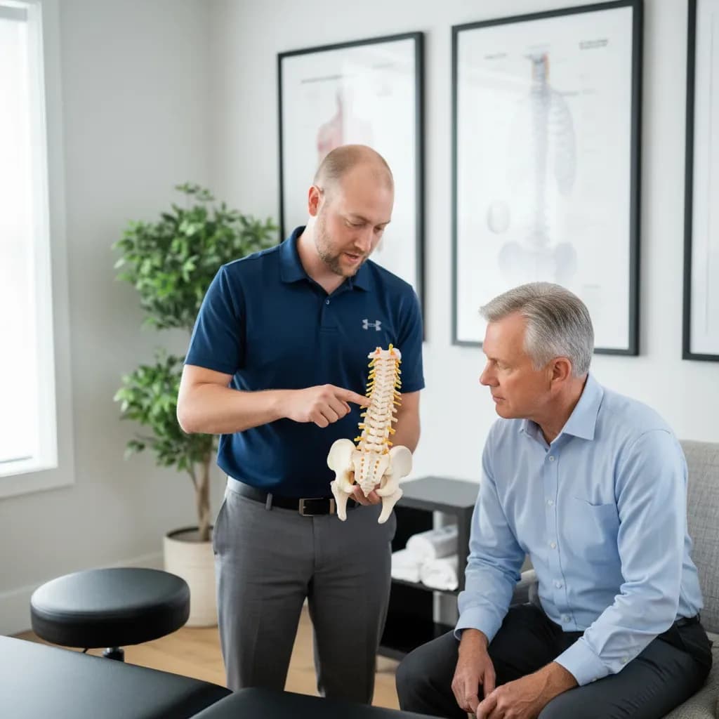 Clinician explaining lumbar canal narrowing on a spine model — BACK IN BALANCE Clinic, downtown Toronto