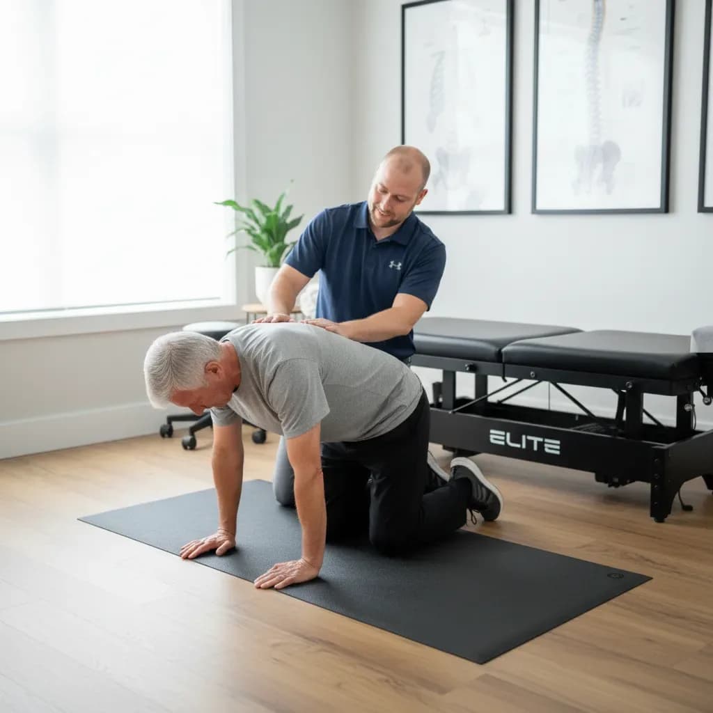 Older patient doing a flexion-based exercise (stationary bike/cat-camel), clinician coaching — BACK IN BALANCE Clinic, downtown Toronto