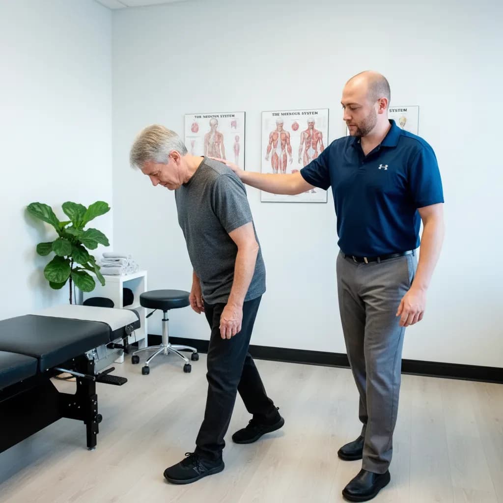 Older patient walking with clinician, demonstrating flexion relief; hand on lower back — BACK IN BALANCE Clinic, downtown Toronto