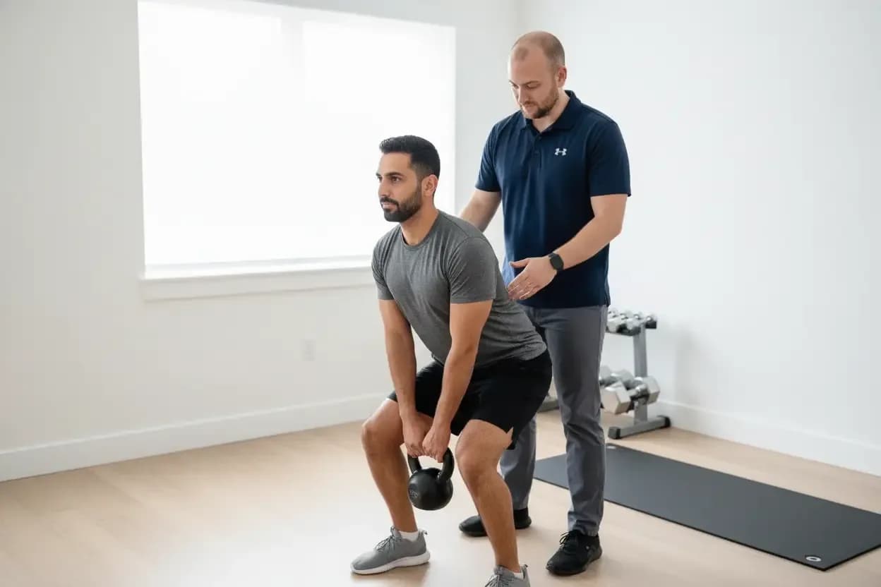 Dr. Matthew Serrick assessing a worker's lifting mechanics during a functional return-to-work assessment — BACK IN BALANCE Clinic, downtown Toronto