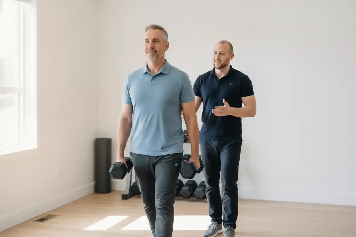 Dr. Serrick coaching a patient through a graded strengthening exercise during workplace-injury rehab — BACK IN BALANCE Clinic, downtown Toronto